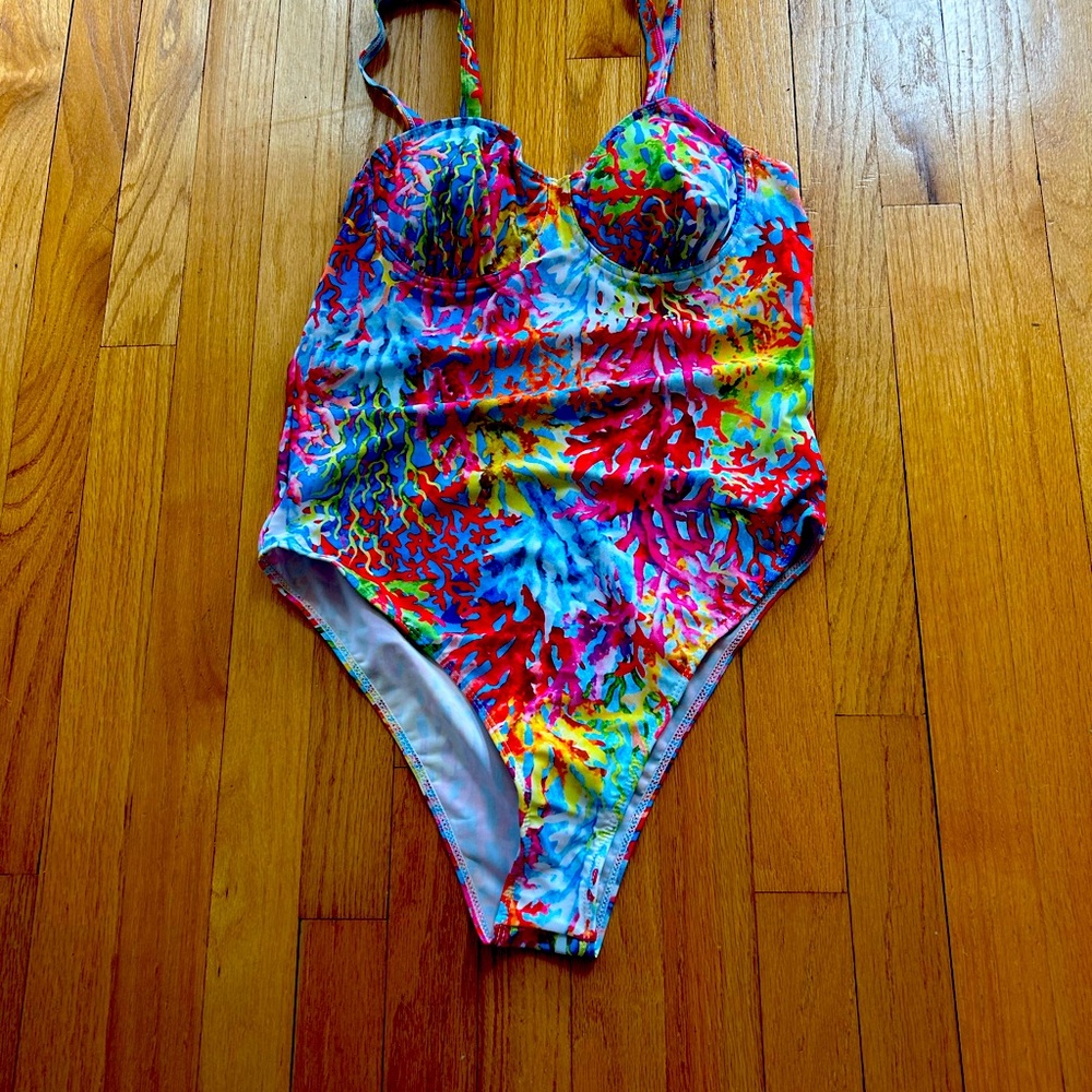 Colorful one-piece women’s bathing suit.